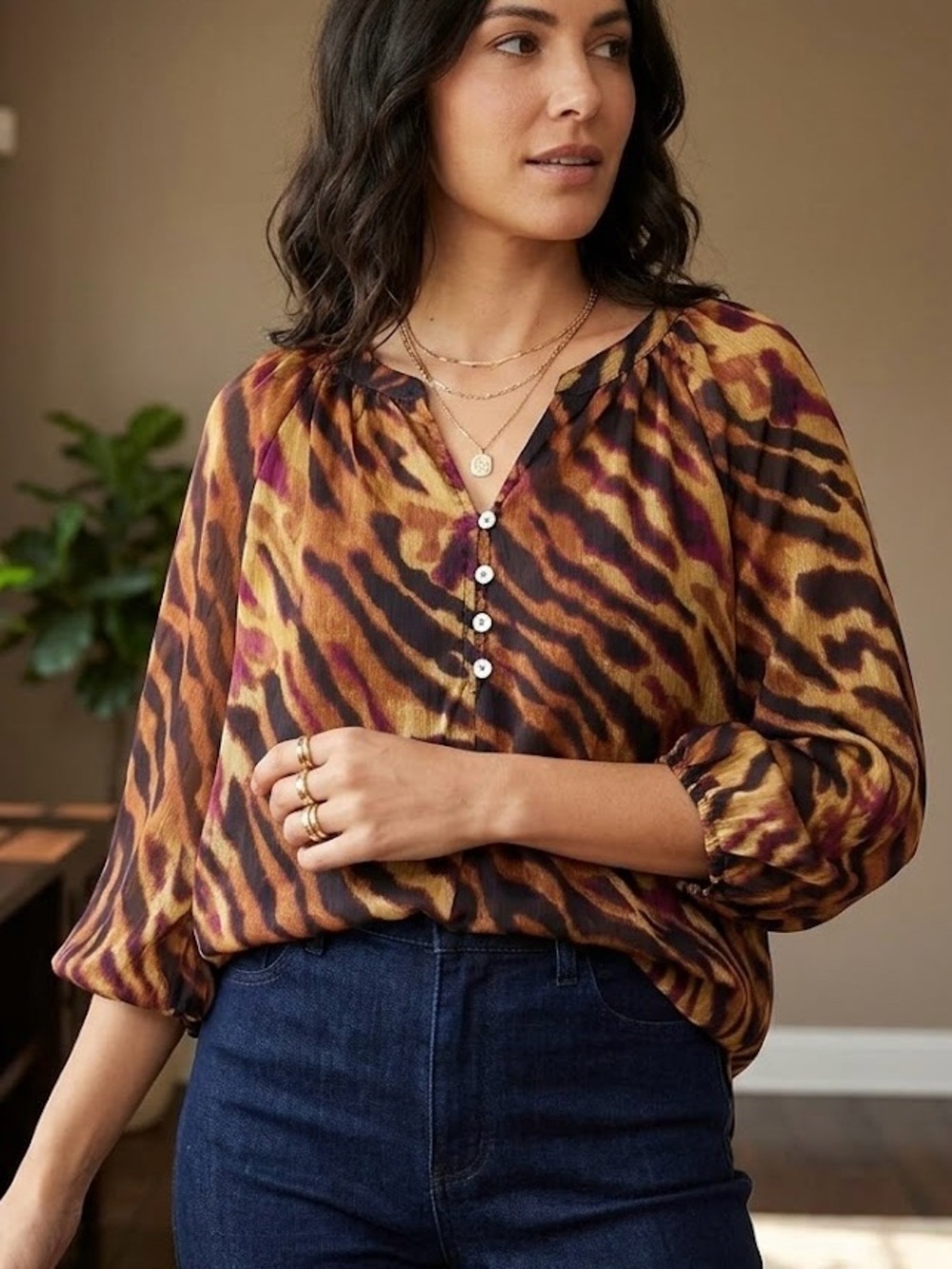Figueroa & Flower Boho Abstract Animal Print Blouse Small 3/4 Sleeve Lightweight